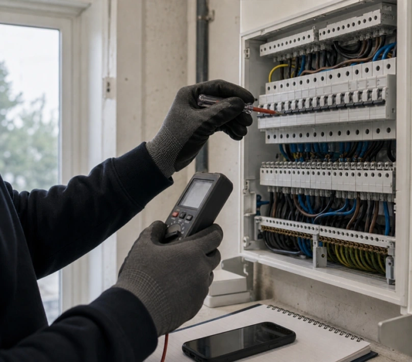 Gennemgang af eltavle med måleinstrument
