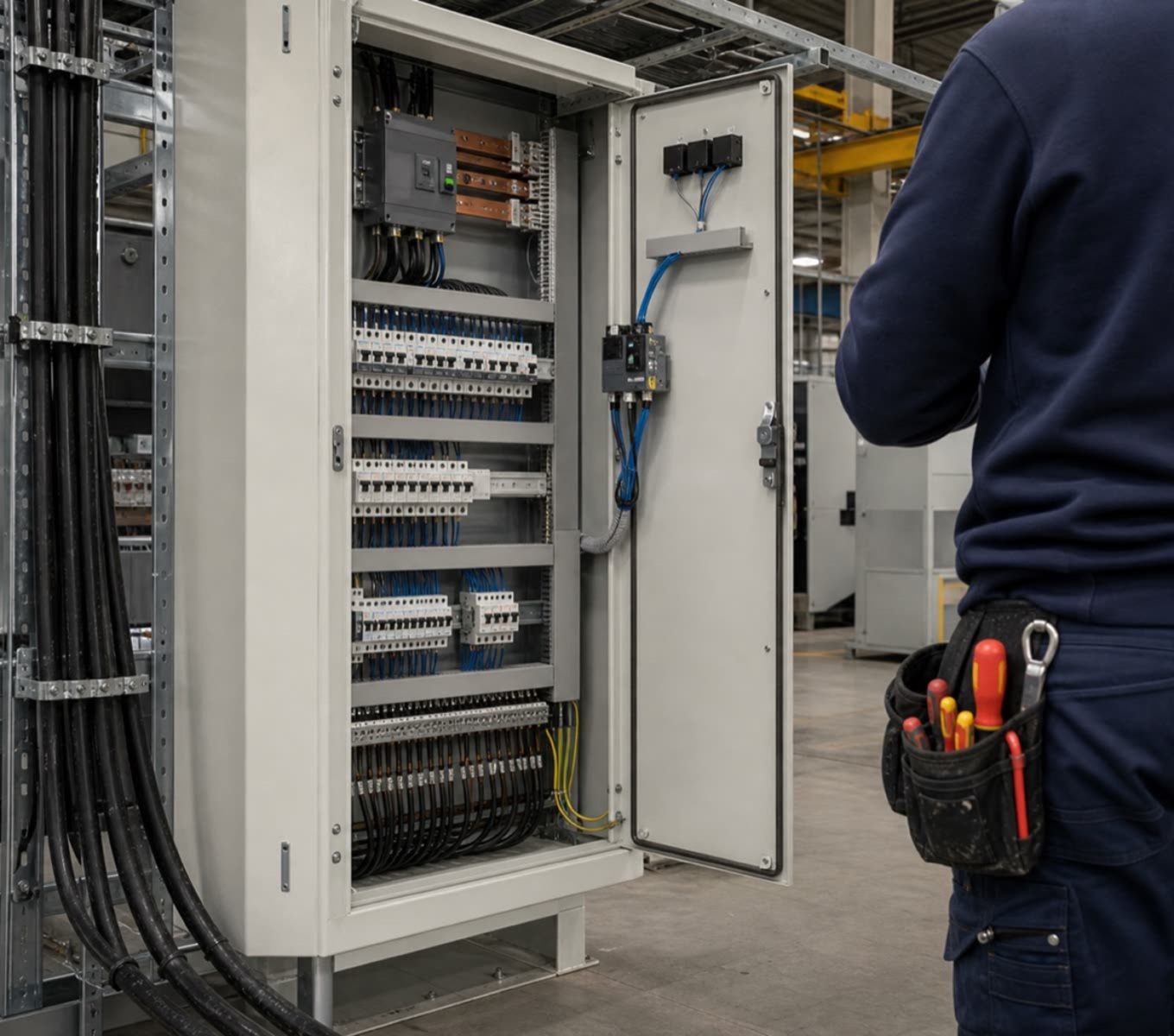 Industriel el-installation med tavle og kabelbakker