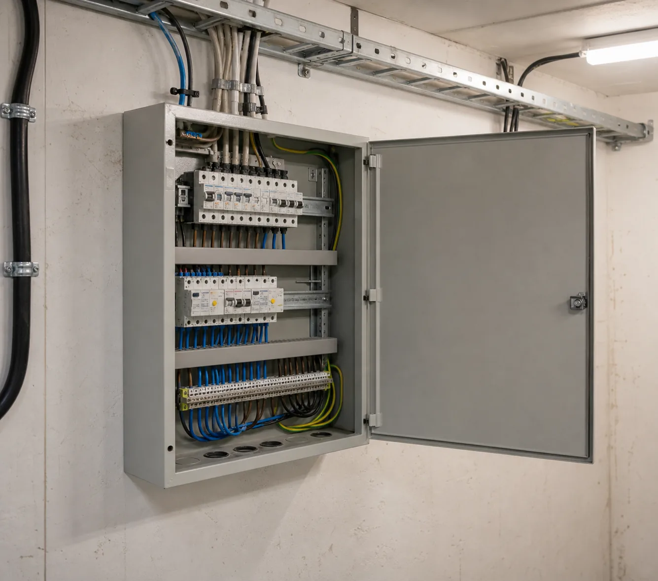 Industriel el-installation med tavle og kabelbakker
